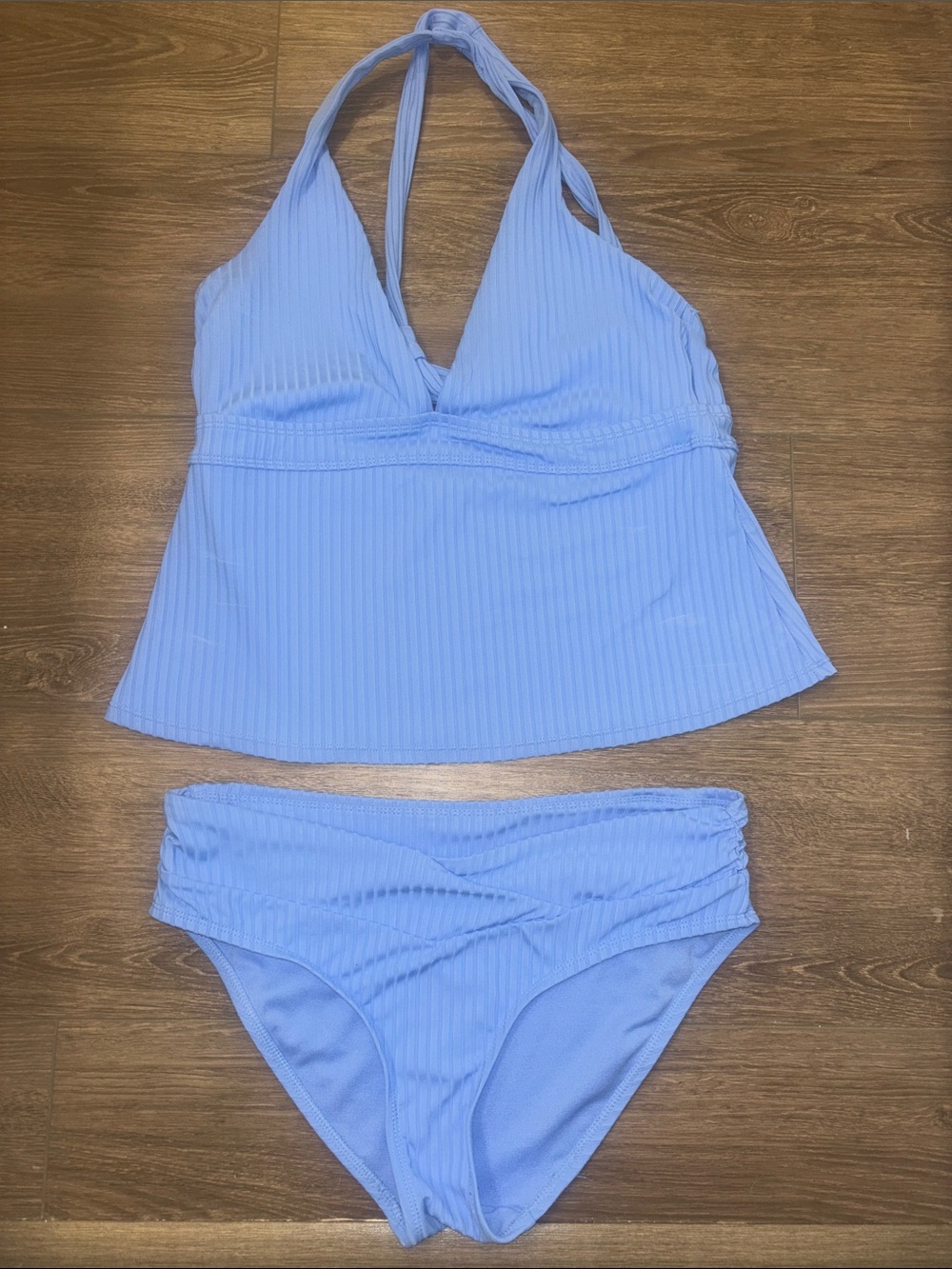 Time and Tru Light Blue Ribbed Halter Tankini Set